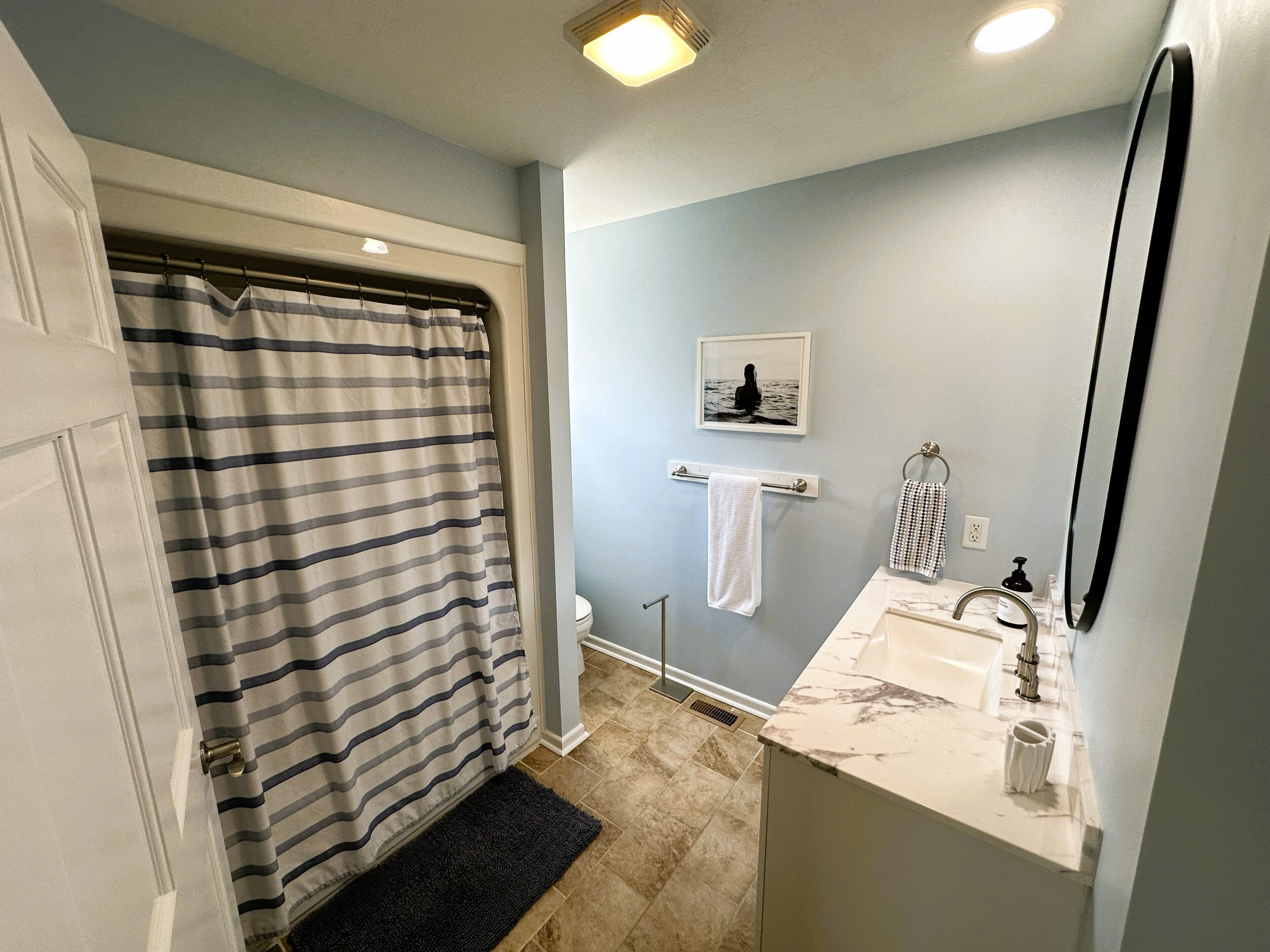 Un baño con cortina de ducha, toallero, lavabo con espejo y un cuadro en la pared.