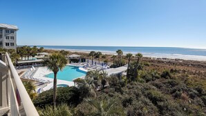 A resort with a swimming pool, beach view, and palm trees. - 339 Breakers: Newly Renovated! Direct Oceanfront Views, Free Bikes, Sleeps 4 (Hilton Head Island)