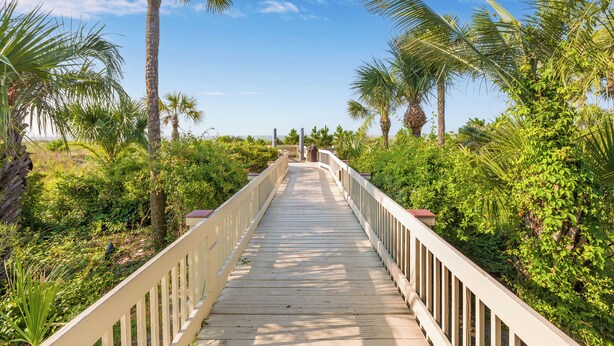 A wooden boardwalk surrounded by lush greenery and palm trees. - 339 Breakers: Newly Renovated! Direct Oceanfront Views, Free Bikes, Sleeps 4 (Hilton Head Island)
