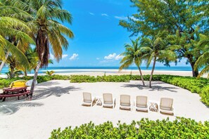 On the beach, sun-loungers, beach towels