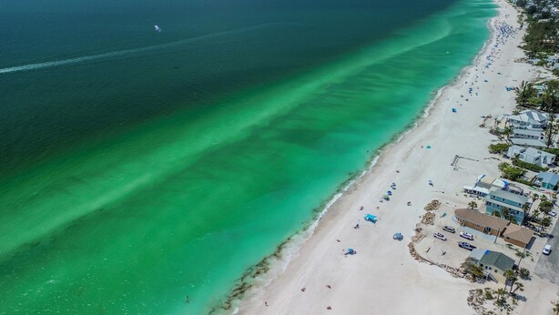 An aerial view of a beach with clear turquoise waters, a sandy shore, and several beachside buildings. - Palm Cay 5. Steps to Beach · 2025 Updates (Holmes Beach)