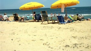 Ein Strand mit mehreren Sonnenschirmen und Liegestühlen.