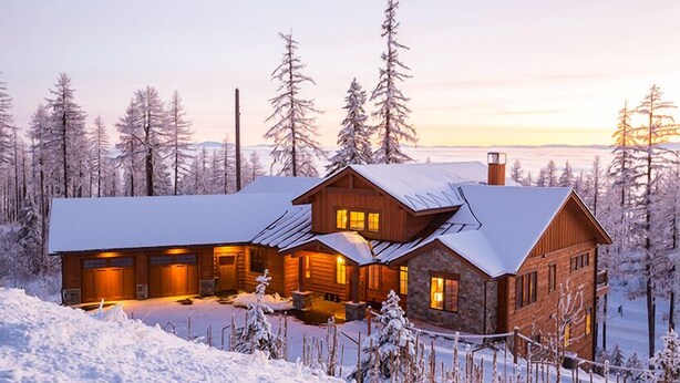 A log cabin with a stone foundation, multiple chimneys, and a snow-covered landscape. - Spectacular Mountain Home with Spacious Living Areas (Whitefish)