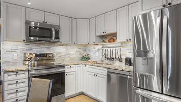 Microwave, stovetop, dishwasher, coffee/tea maker
