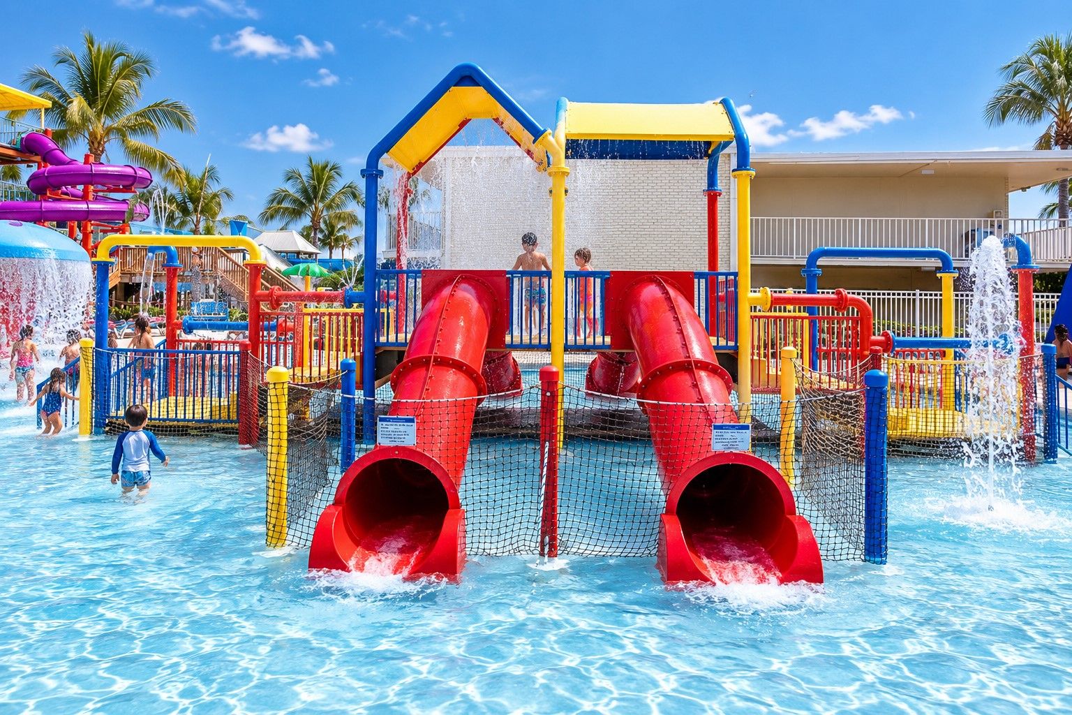 Un parc aquatique doté de nombreux toboggans et d’aires de jeux.