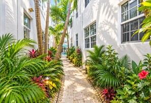 A narrow pathway flanked by white buildings with windows, surrounded by lush tropical plants and a clear blue sky. - South of Fifth 1BR Condo - Heated Pool, Balcony & Walk to Beach (Miami Beach)