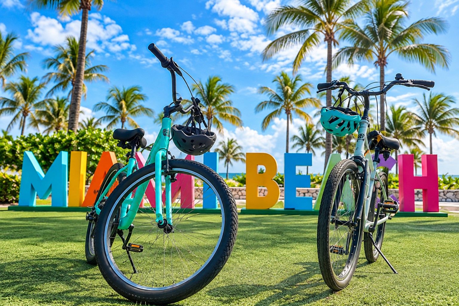 Deux vélos sont garés sur l’herbe, avec des palmiers et un panneau en arrière-plan.