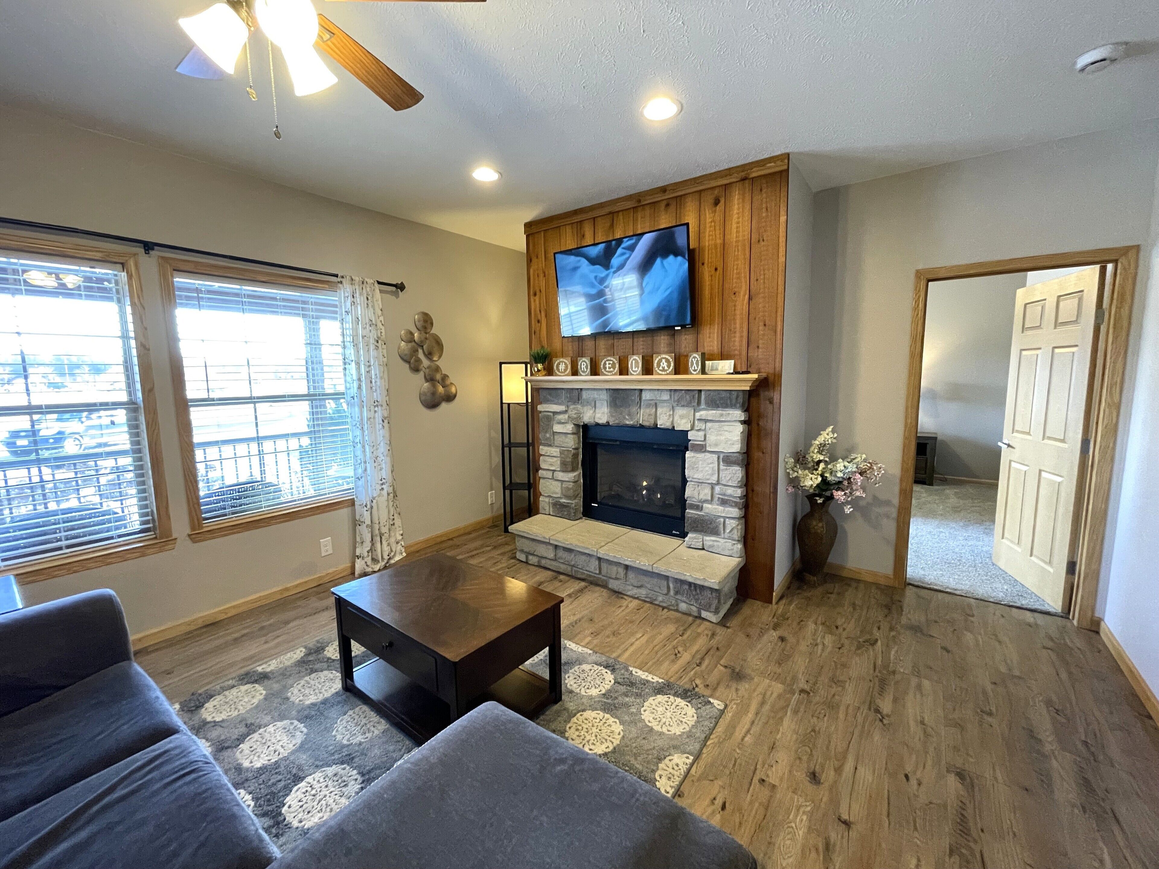 TV, fireplace, foosball