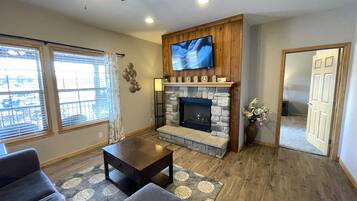 TV, fireplace, foosball