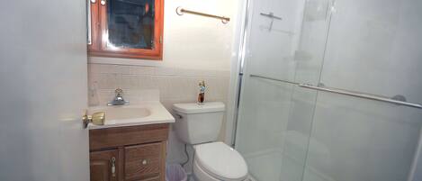 Un baño con un mueble de madera, un lavabo blanco, un inodoro y una cabina de ducha de vidrio.