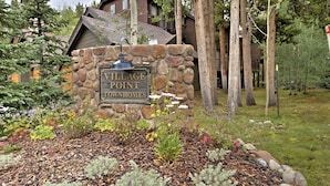 Une plaque en pierre portant l’inscription « Village Point Townhomes », entourée d’un jardin aménagé avec différentes plantes et fleurs.