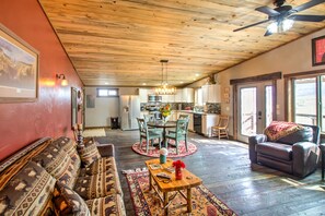 TV, fireplace, books