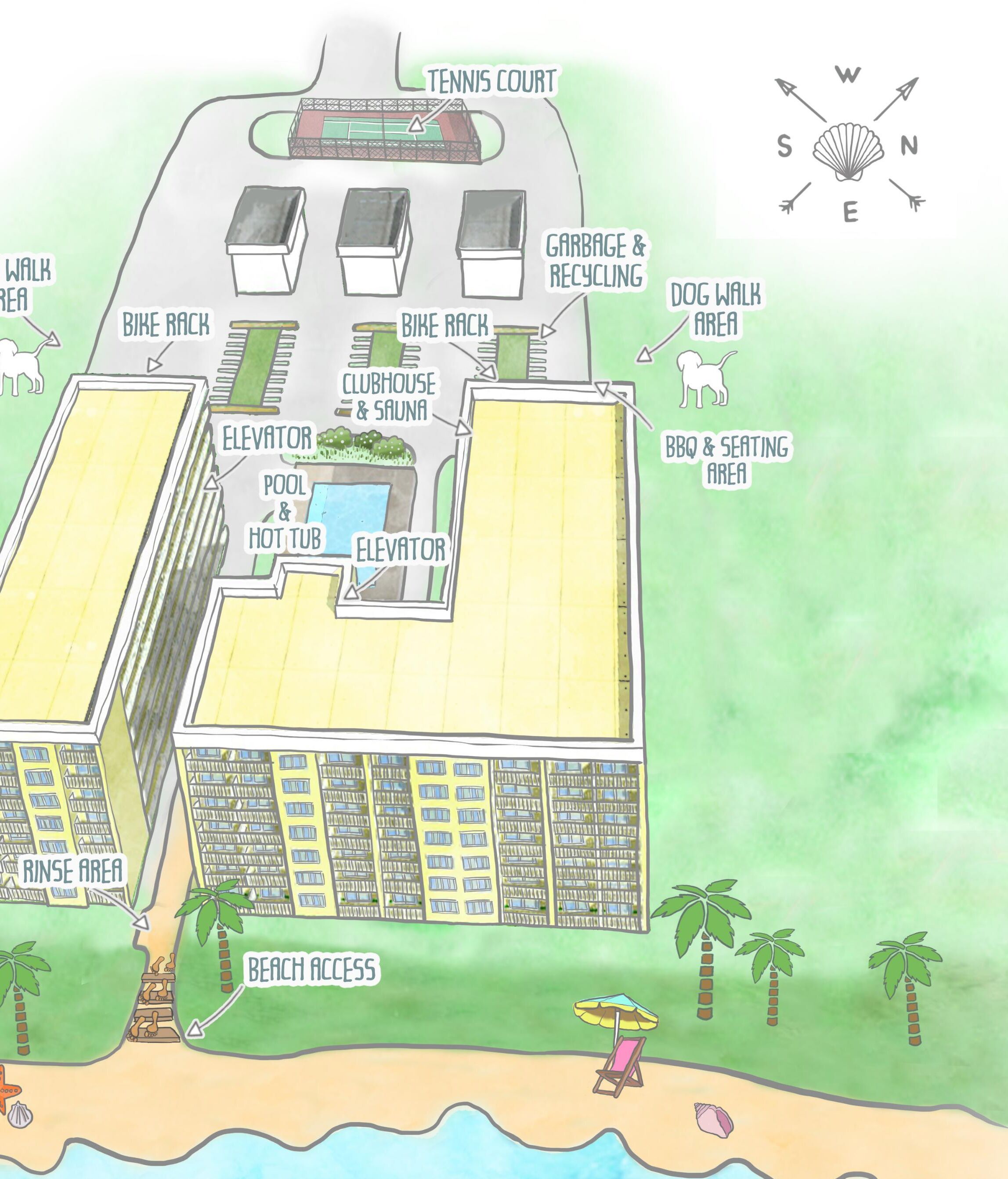 A hotel with amenities including a tennis court, bike racks, a dog walk area, a BBQ & seating area, a pool & hot tub, and a beach access.