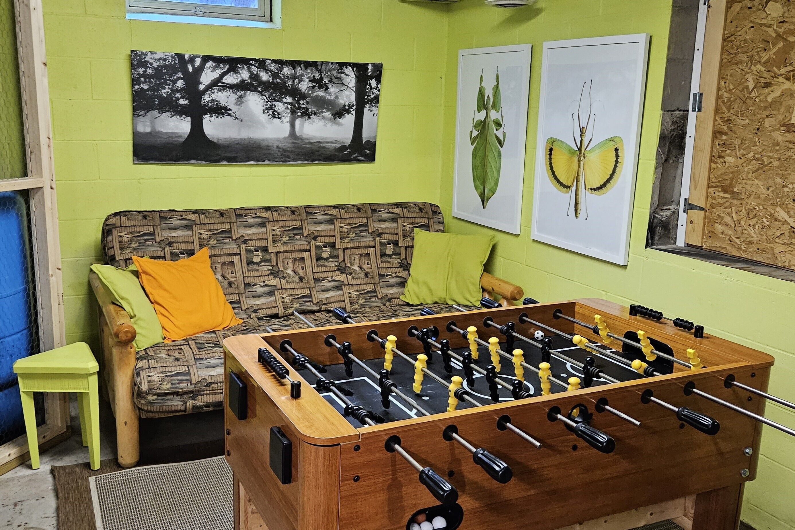 Una habitación con una mesa de futbolín de madera, un sofá estampado con cojines verdes y dos impresiones botánicas enmarcadas en la pared.