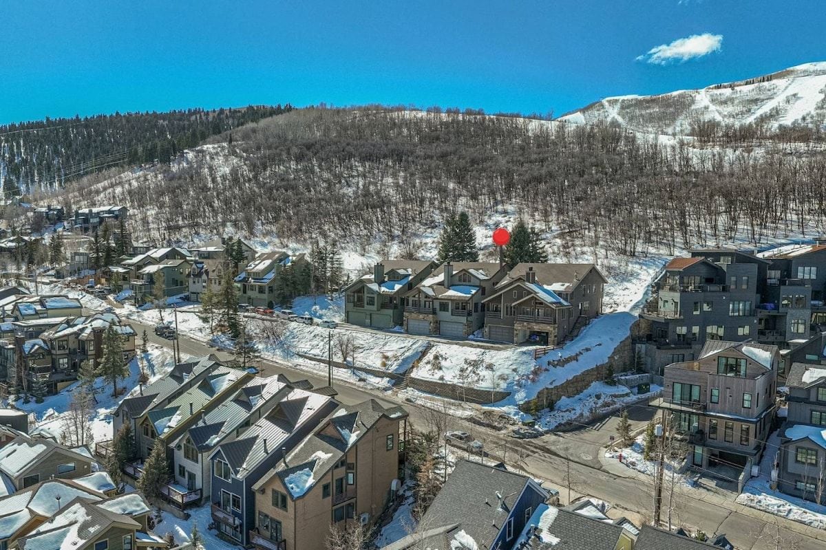 A residential area with modern houses, a prominent red building with a flag, and a snow-covered landscape with a mountain in the background.