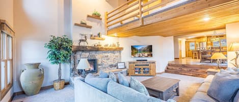 Télévision, cheminée, lecteur de DVD, chaßne hi-fi