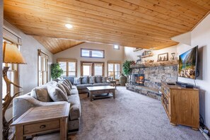 Télévision, cheminée, lecteur de DVD, chaîne hi-fi