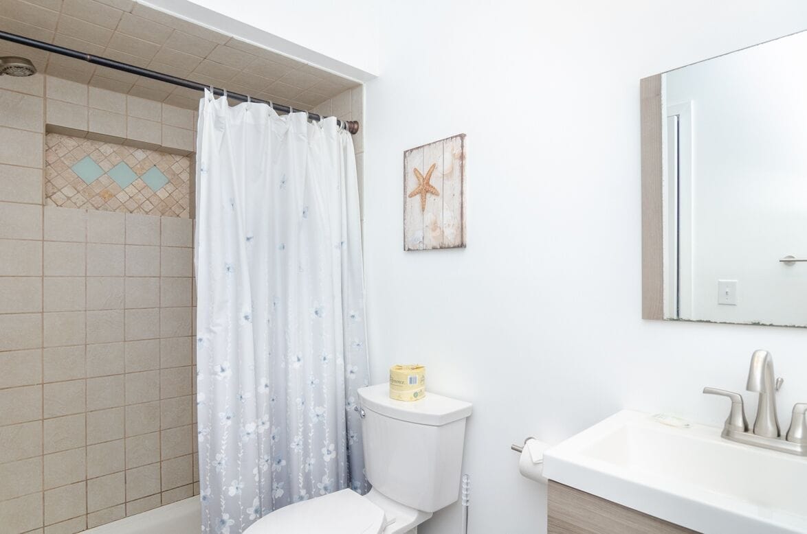 Une salle de bain avec douche, toilettes et lavabo.