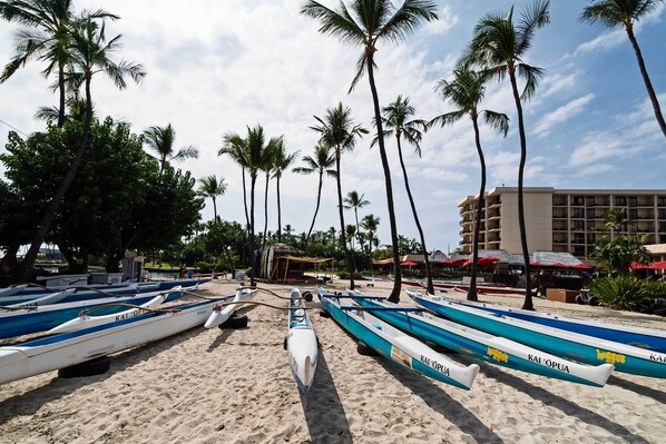A beach with several canoes lined up on the sand, palm trees, and a hotel building in the background. - Kailua-Kona Condo w/ Lanai, Walk to Beach + Pier! (Kauila-Kona)