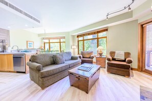 Flatskjerm-TV, peis, DVD-spiller og fotballspill