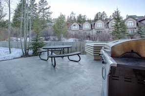 Guests can enjoy a meal at the outdoor patio area, which features a picnic table and barbecue grill.