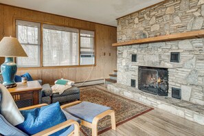 A cozy living room with a stone fireplace, wooden walls, and a large window. - 'Point of View' Hilltop Sanctuary in Brevard (Brevard)