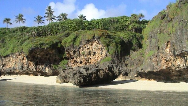 Une plage à l’eau claire, un grand rocher et des palmiers sur une colline.