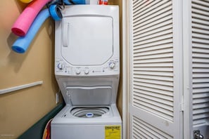Stacked washer/dryer for your convenience.  We include a starter pack! - Palm Bay Club Bayside Pools Hot Tub, Private Beach (Siesta Key)