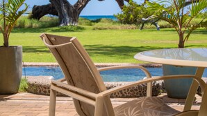 Une chaise avec un coussin à motifs, une table en verre et une vue sur une piscine, avec une statue de girafe en arrière-plan.