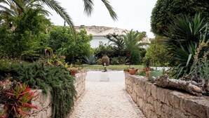 A paved pathway leading to a fountain in a lush garden with various plants and a stone wall. - Charming Villa with Heated Pool & Large Garden near Sandy Beach, Hiking and Golf (Praia da Luz)