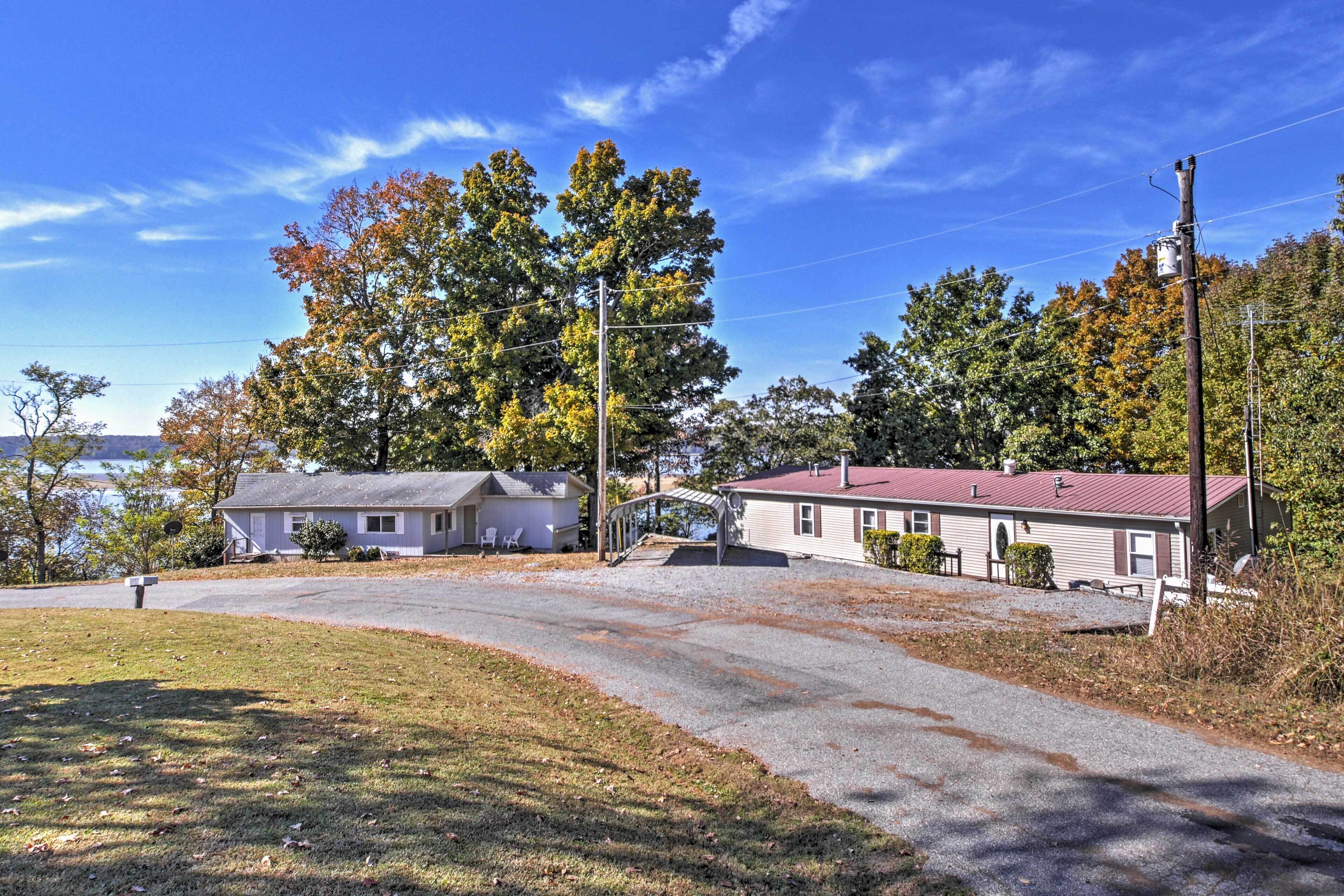 A residential area with two houses, a driveway, and a large tree.