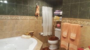 Bañera con ducha, bañera de hidromasaje, secador de pelo, toallas