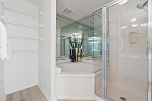 Combined shower/tub, hair dryer, towels