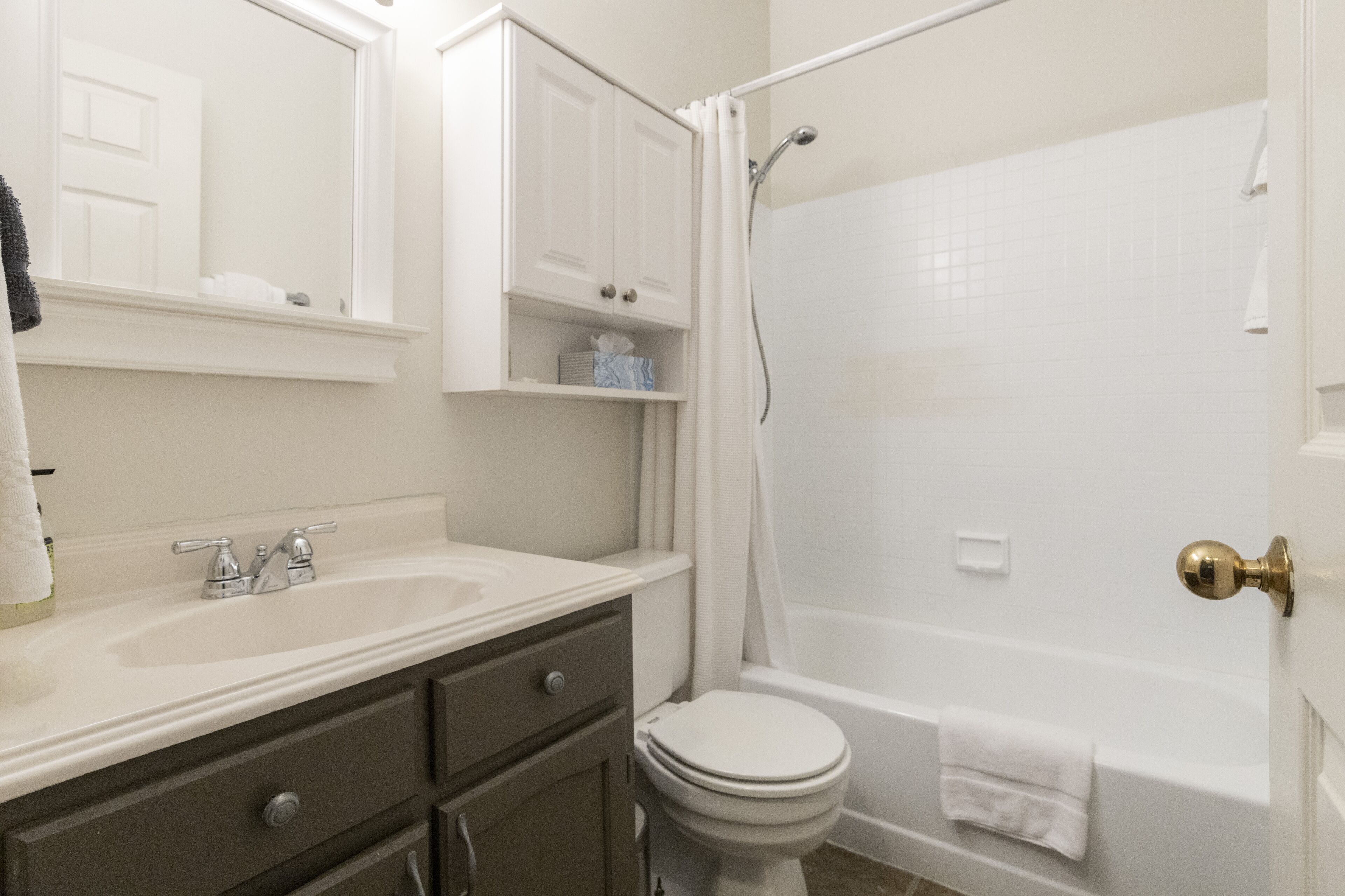 Combined shower/tub, hair dryer, towels