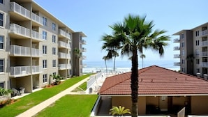 Un hotel frente a la playa con varios balcones, una palmera y una vista despejada del océano.