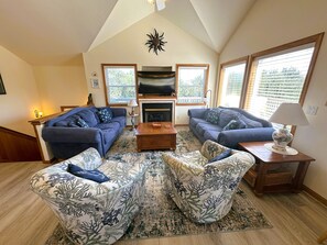 TV, fireplace, DVD player, books