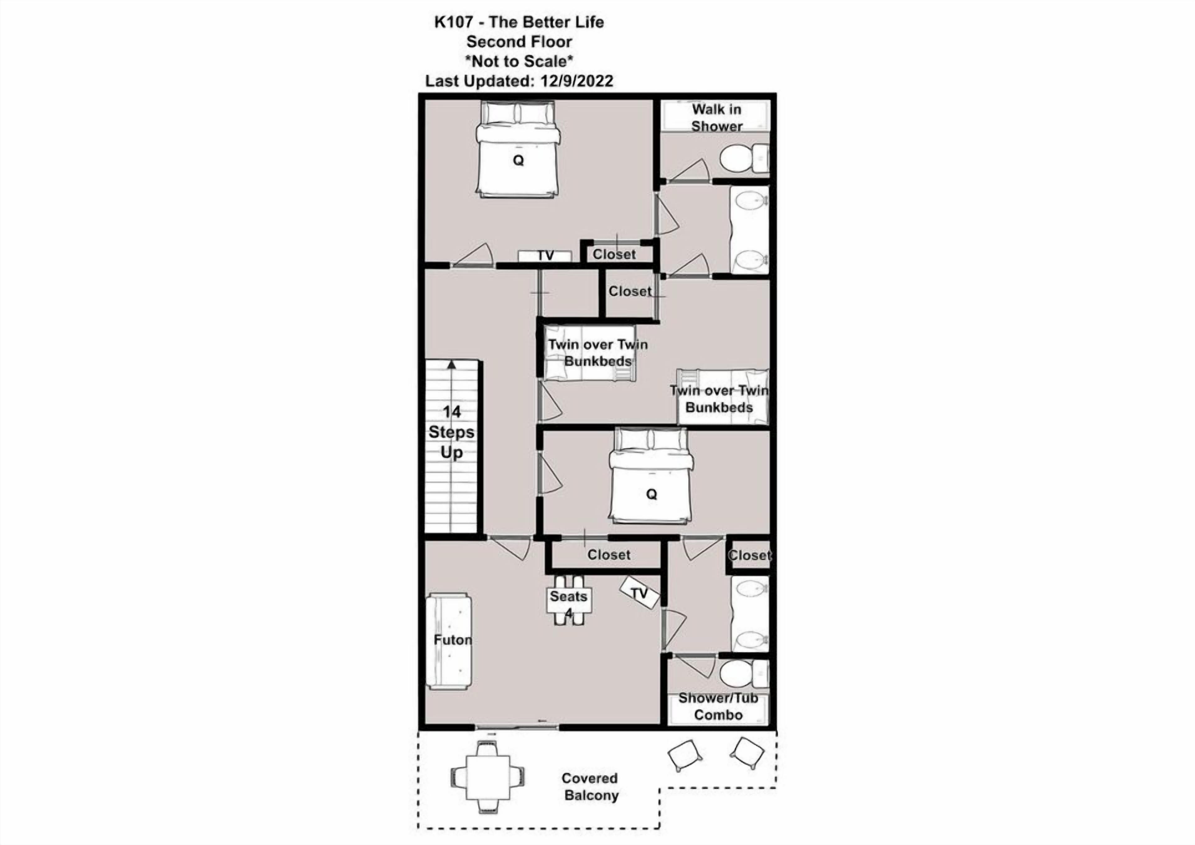 A floor plan of a K107 hotel room on the second floor, featuring a walk-in shower, twin over-twin bunkbeds, a TV, a closet, a futon, and a covered balcony.