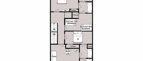 A floor plan of a K107 hotel room on the second floor, featuring a walk-in shower, twin over-twin bunkbeds, a TV, a closet, a futon, and a covered balcony.