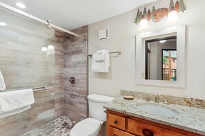 A bathroom with a glass shower enclosure, a toilet, a sink with a granite countertop, and a mirror. - Breckenridge Ski-In/Ski-Out located in Downtown Breckenridge! Pool/Hot Tub Acces (Breckenridge)