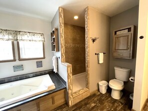 Combined shower/tub, jetted tub, hair dryer, towels