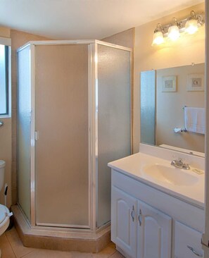 Suihkun ja ammeen yhdistelmä, hiustenkuivaaja, pyyhkeet, vessapaperi