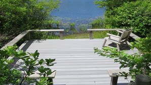 Eine Holzterrasse mit Bänken, die auf einen See mit üppiger Vegetation blickt.