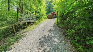 Ein Kiesweg führt zu einer rustikalen Holzhütte, umgeben von dichtem Grün.