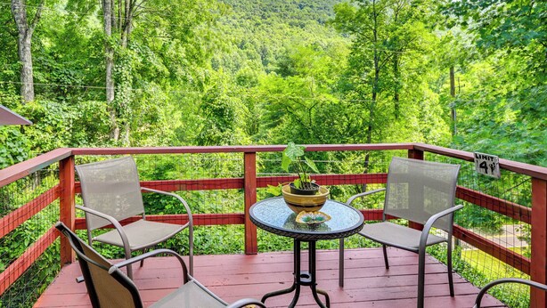 Eine Terrasse mit zwei Stühlen und einem Tisch, mit Blick auf eine bewaldete Landschaft und einen Berg in der Ferne.
