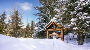 Un panneau en bois portant l’inscription « Mountain Star » et le numéro « 4894 », le tout dans un décor de forêt enneigée.