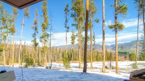 Un espace extérieur enneigé avec un banc et une vue sur de grands arbres et des montagnes lointaines.