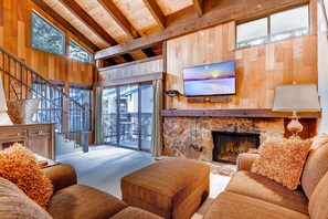 Televisión, chimenea, reproductor de DVD y videoteca 