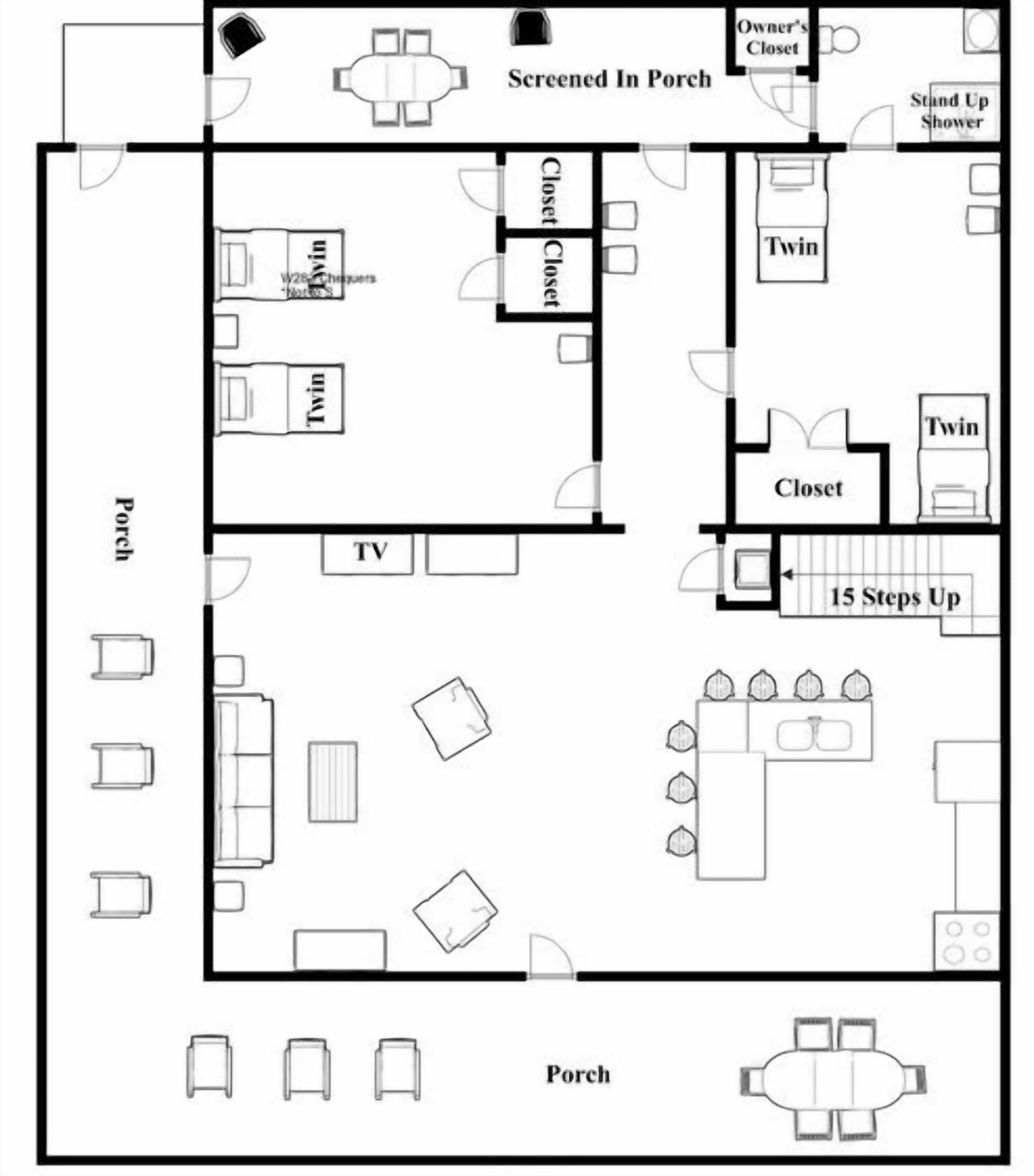 A hotel floor plan with a screened-in porch, twin rooms, a TV, a closet, a 15-step-up, and a stand-up shower.