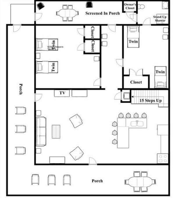 Plano de planta de hotel con porche mosquitero, habitaciones con camas individuales, televisor, armario, acceso con 15 escalones y ducha independiente.