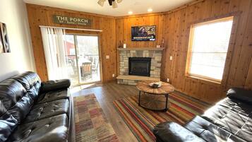Smart TV, fireplace, foosball